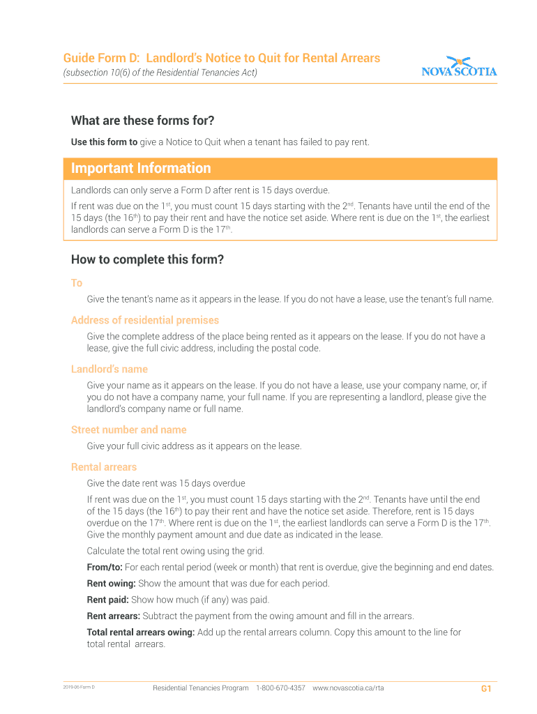 Guide Form D: Landlords Notice to Quit for Rental Arrears Preview on Page 1