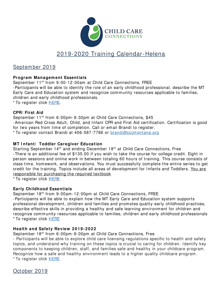 Fillable Online 20192020 Training CalendarHelena Child Care