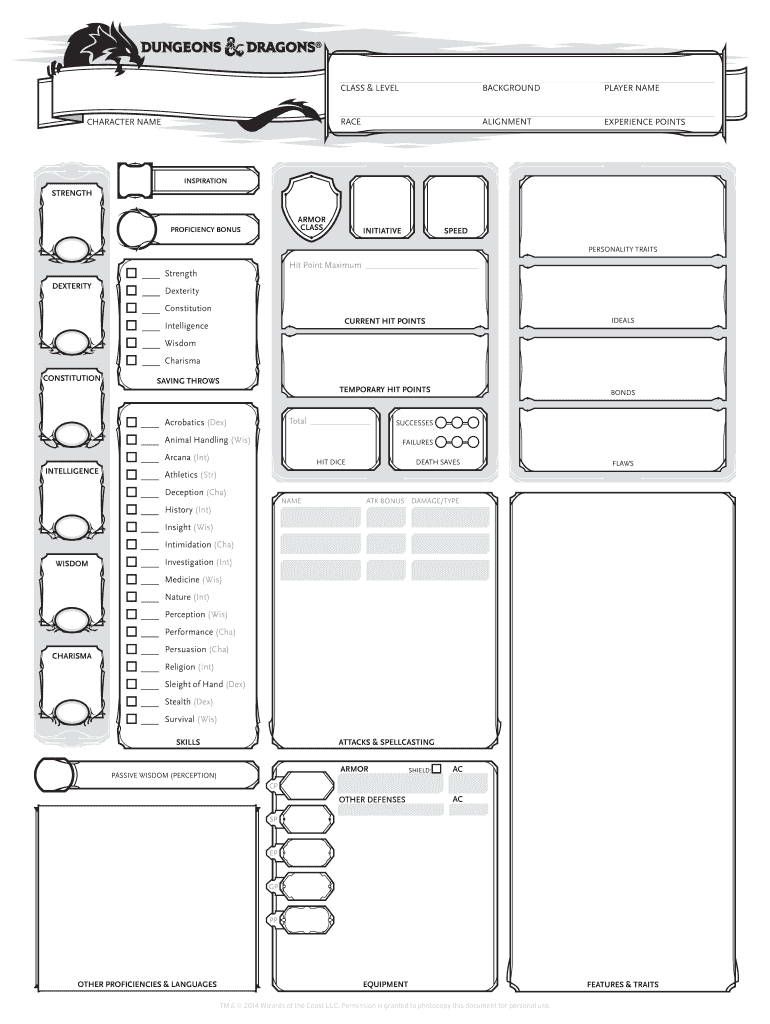 Fillable Online D&D 5th Editino Form Fillable Calculating Character