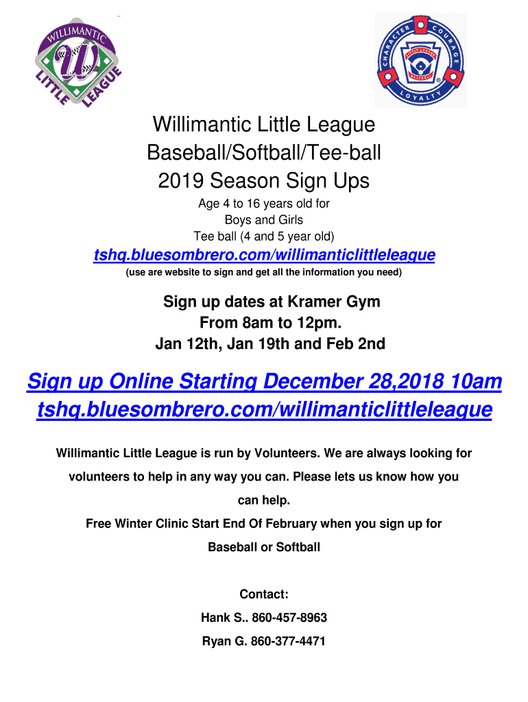 Fillable Online Willimantic Little League Baseball/Softball/Teeball