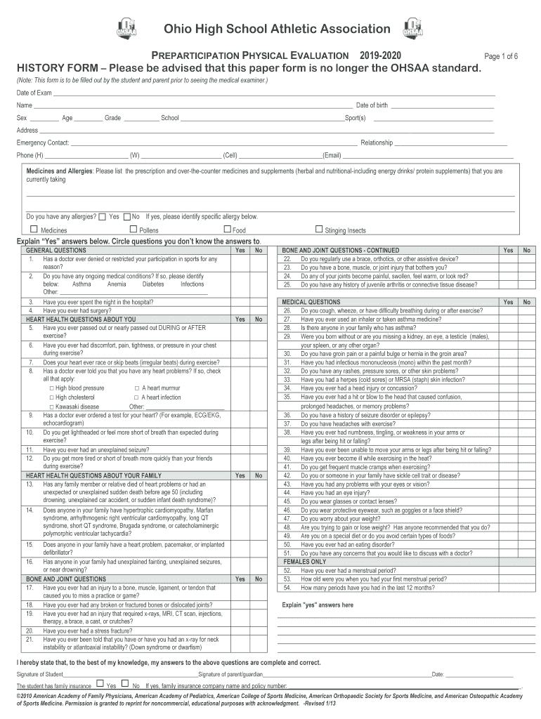 Ohsaa Physical Form