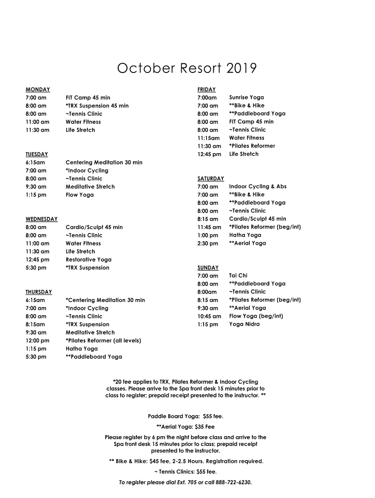Fillable Online fitness & activities schedule Sanctuary Camelback