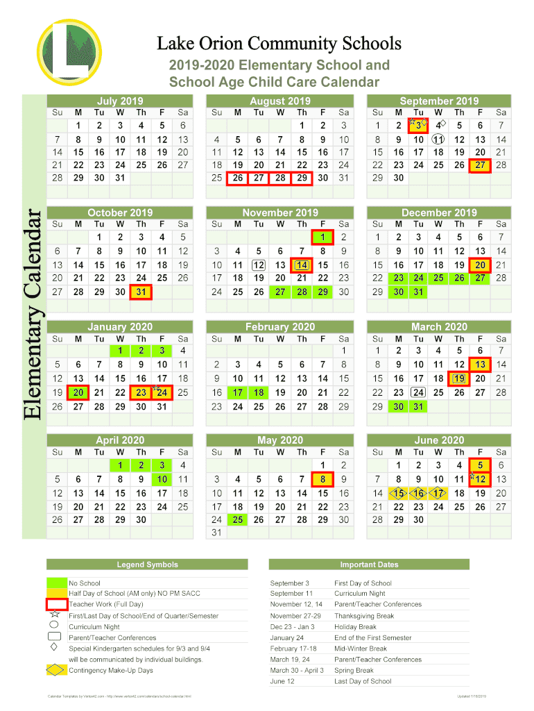 Fillable Online School Year Calendar Template Lake Orion Community