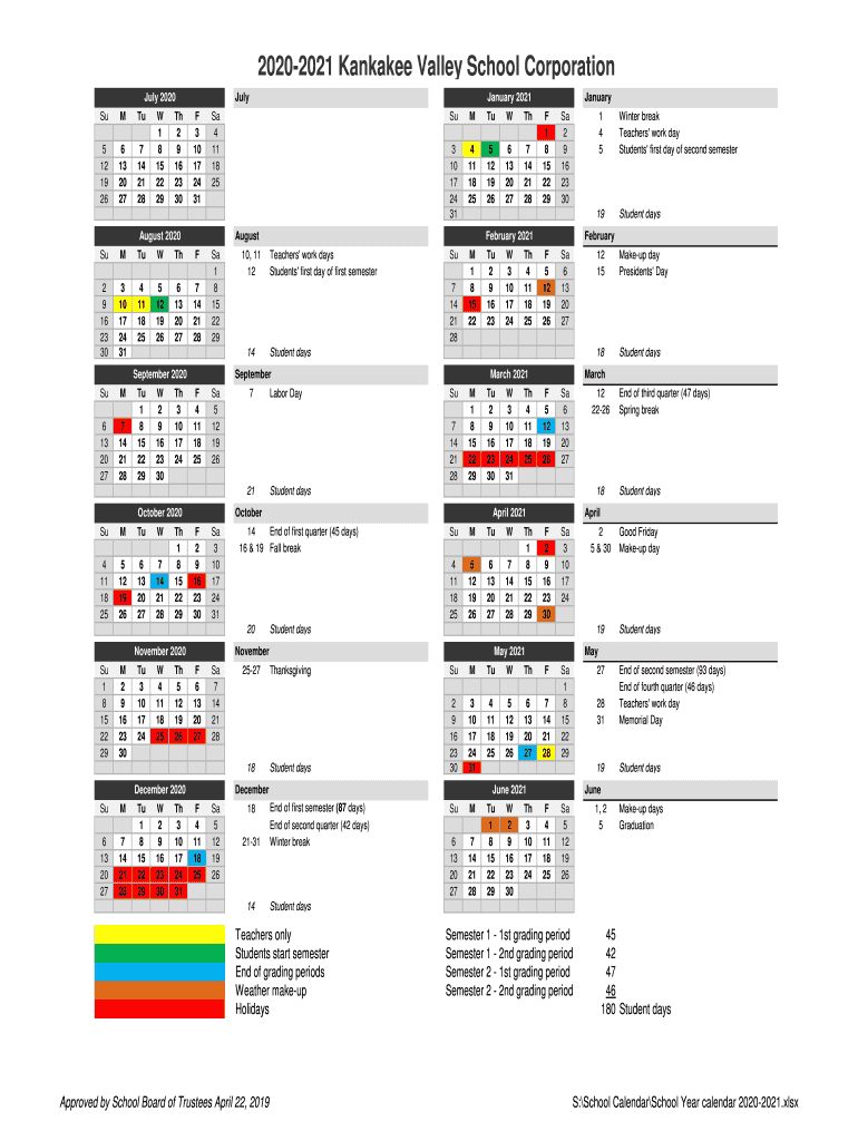 Fillable Online Academic Year Calendar Kankakee Valley School