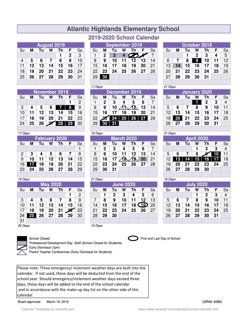 Fillable Online School Year Calendar Template Atlantic Highlands
