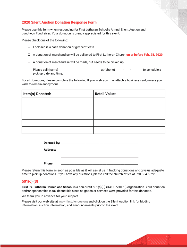 Fillable Online 2020 Silent Auction Donation Response Form Item(s ...