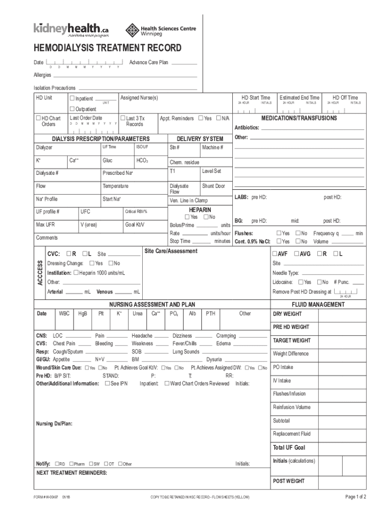Hemodialysis Treatment Record Form Preview on Page 1