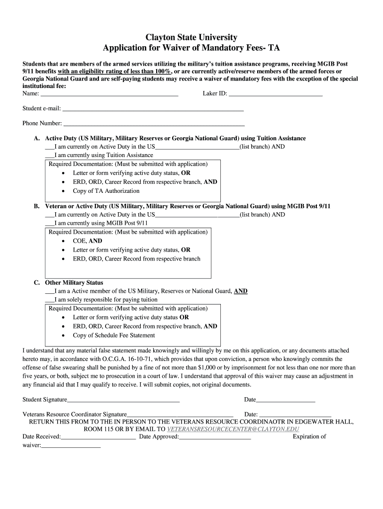 Fillable Online Application for Waiver of Mandatory Fees Clayton