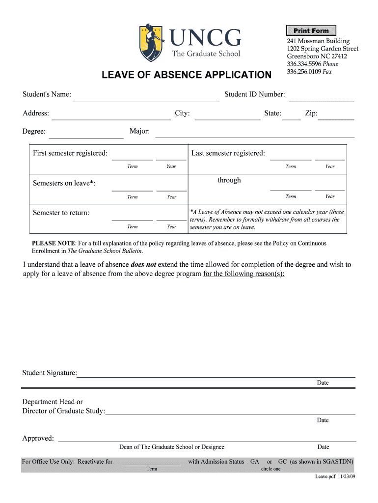Fillable Online bryan uncg LEAVE OF ABSENCE APPLICATION - University of ...