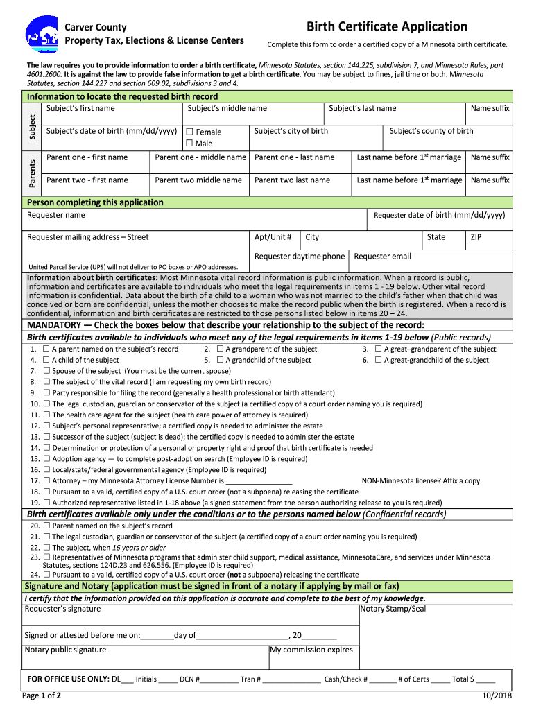 Fillable Online Birth Certificate Application Carver County Fax Email