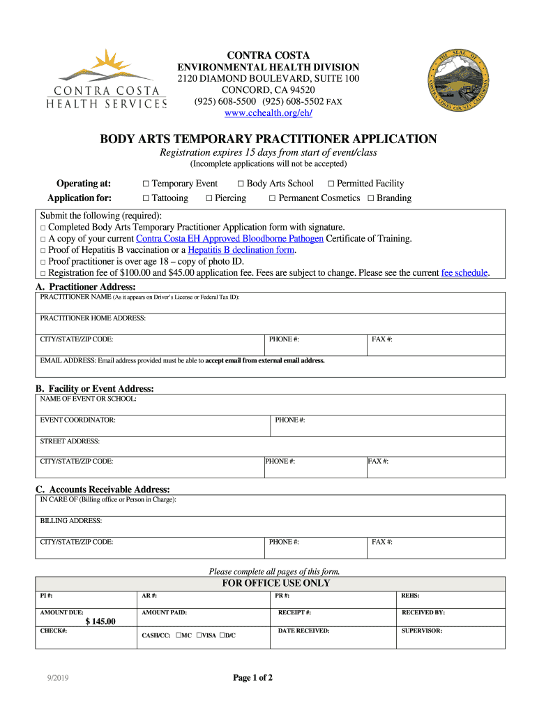 body arts temporary practitioner application - Contra Costa Preview on Page 1