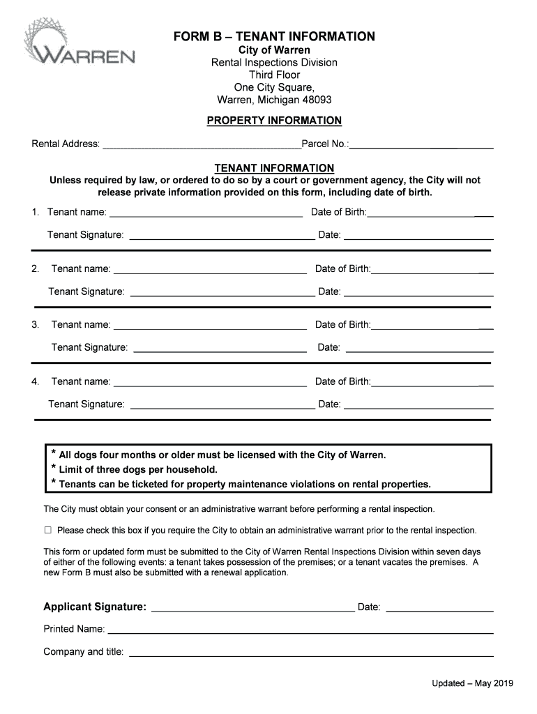 Fillable Online FORM B City of Warren Rental Inspections Division Third