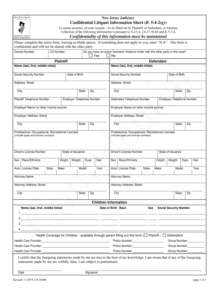 confidential litigant information sheet Preview on Page 1