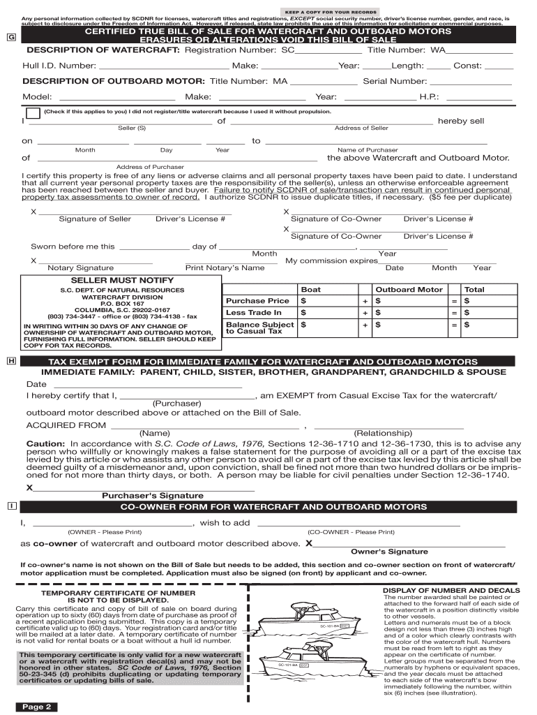 Fillable Online Watercraft/Outboard Motor Application, Bill of sale ...