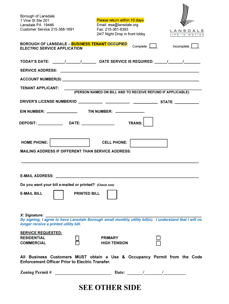 Fillable Online Borough of Lansdale ELECTRIC SERVICE APPLICATION Fax