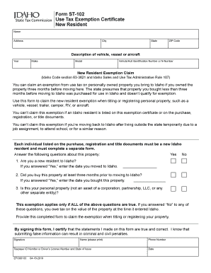 Fillable Online tax idaho Form ST-102 Use Tax Exemption Certificate New ...