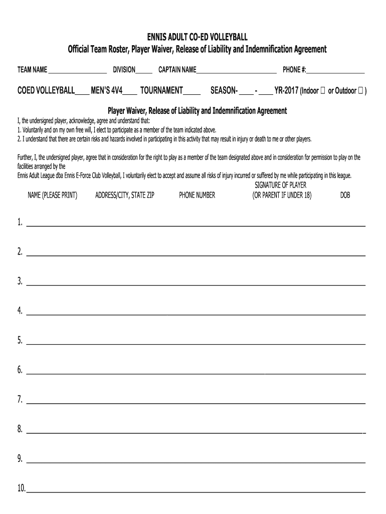 INDOOR VOLLEYBALL TEAM ROSTER AND WAIVER FORM Preview on Page 1