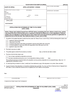 APP-012 Stipulation for Extension of Time to File Brief (Civil Case) (Appellate). Fillable Editable and Saveable California Judicial Council Forms