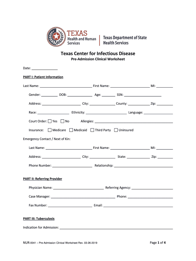 TCID PreAdmission Clinical Worksheet TCID PreAdmission Clinical Worksheet Preview on Page 1