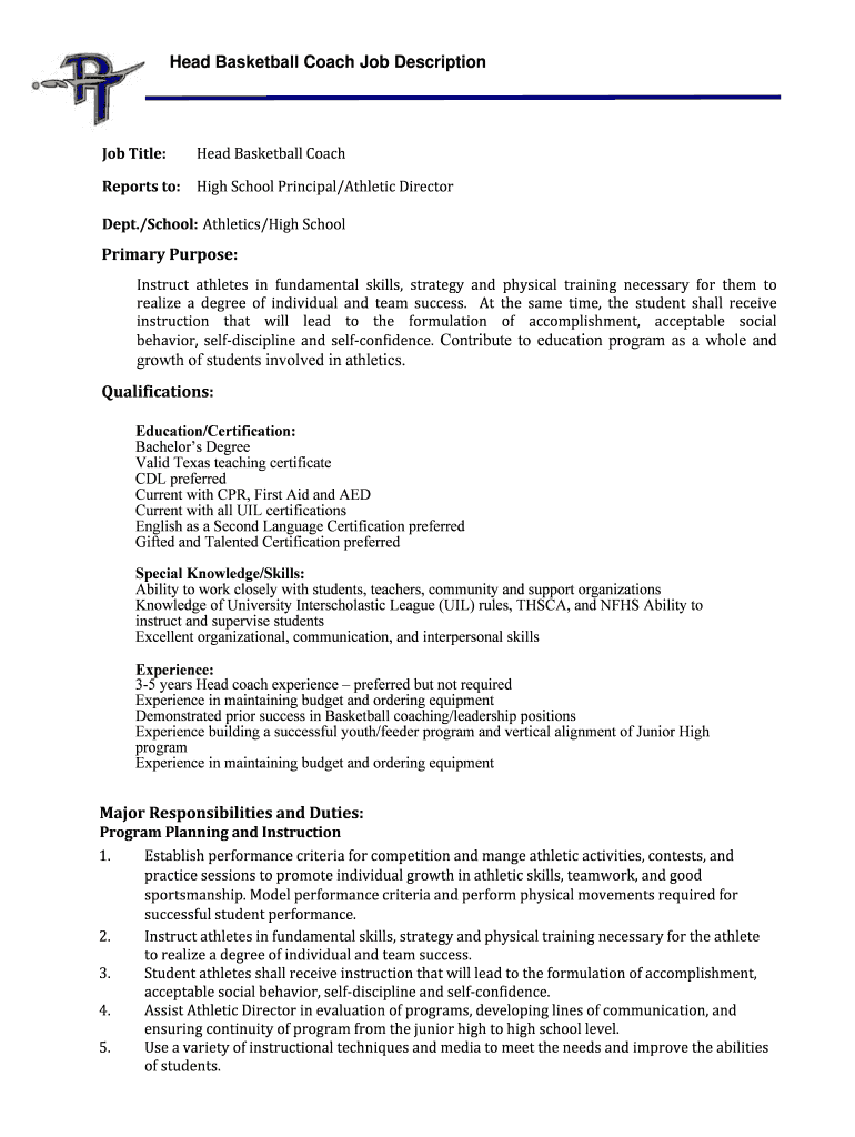 Fillable Online Head Basketball Coach Job Description Fax Email Print