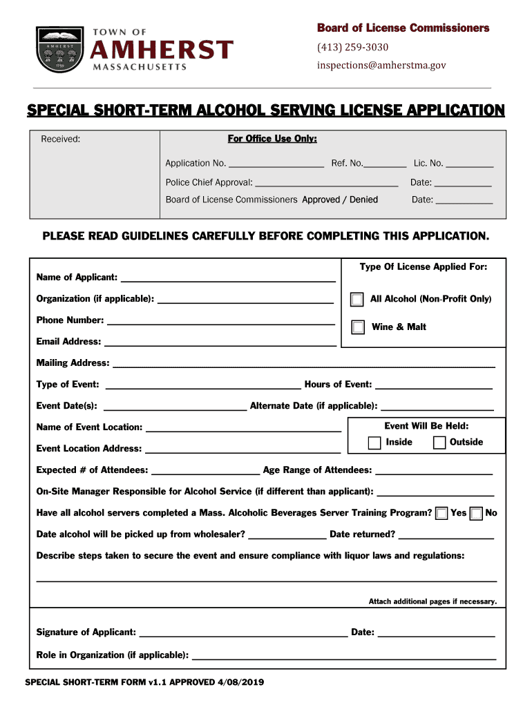 Fillable Online special shortterm alcohol serving license application