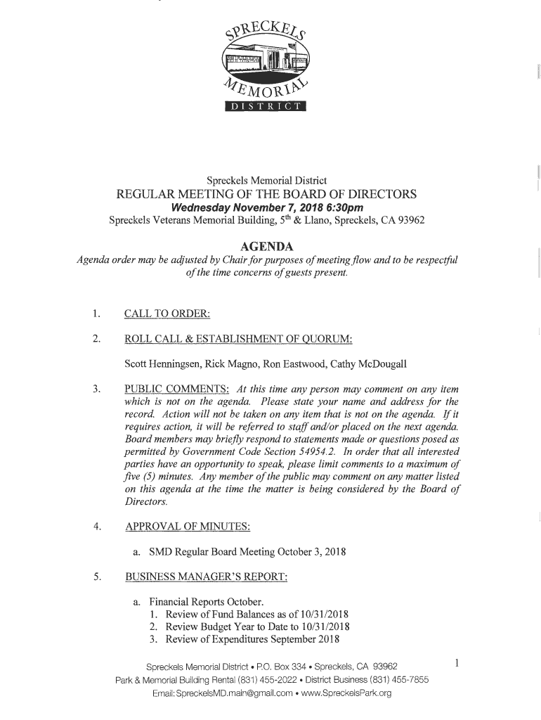Fillable Online Spreckels Memorial District Fax Email Print pdfFiller
