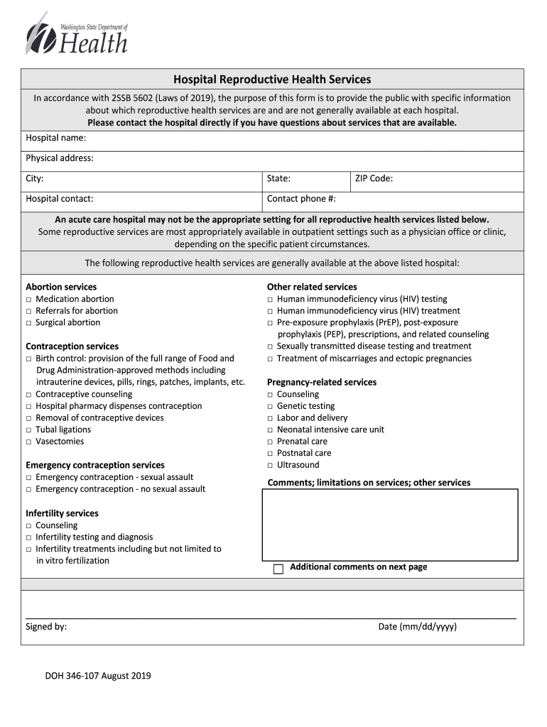 Hospital Reproductive Health Services Form Hospital Reproductive Health Services Form Preview on Page 1