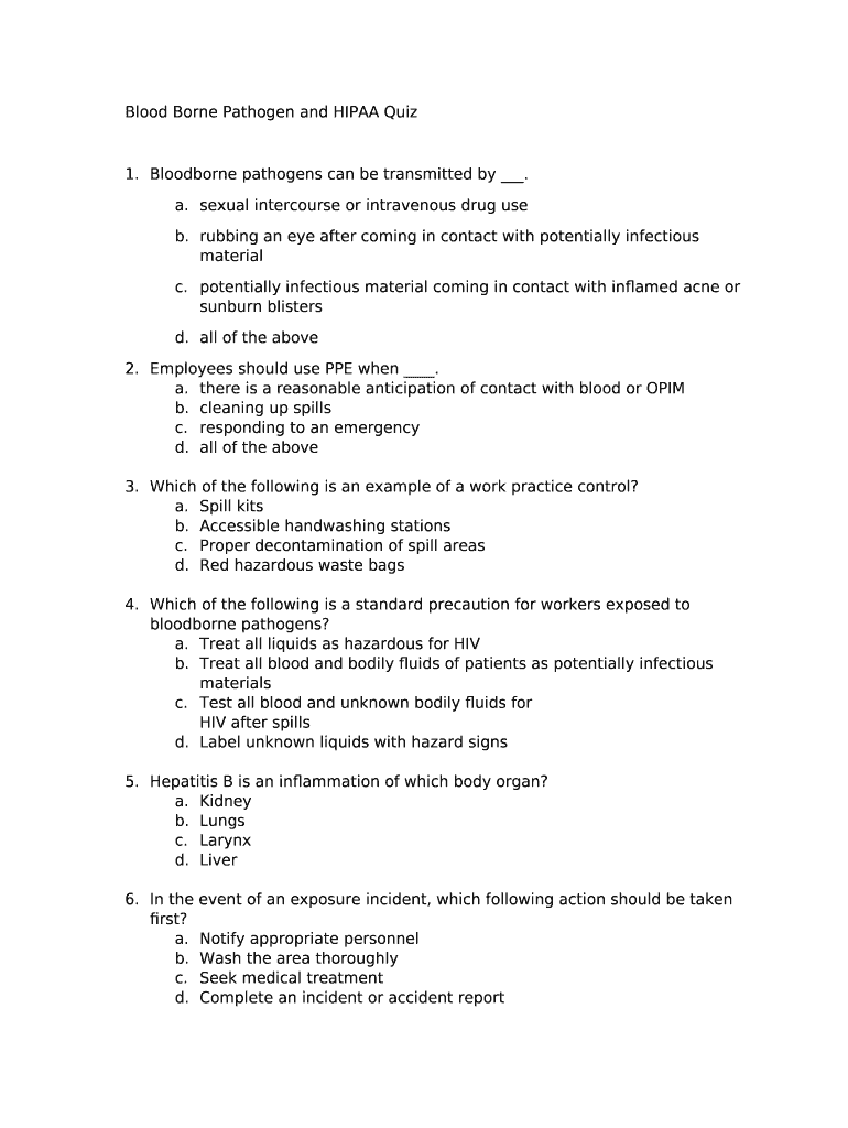 Bloodborne Pathogens Standards Quiz Assistance Plus Doc Template