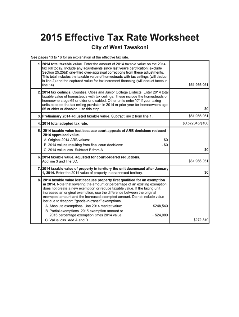Fillable Online 2015 Effective Tax Rate Worksheet Fax Email Print