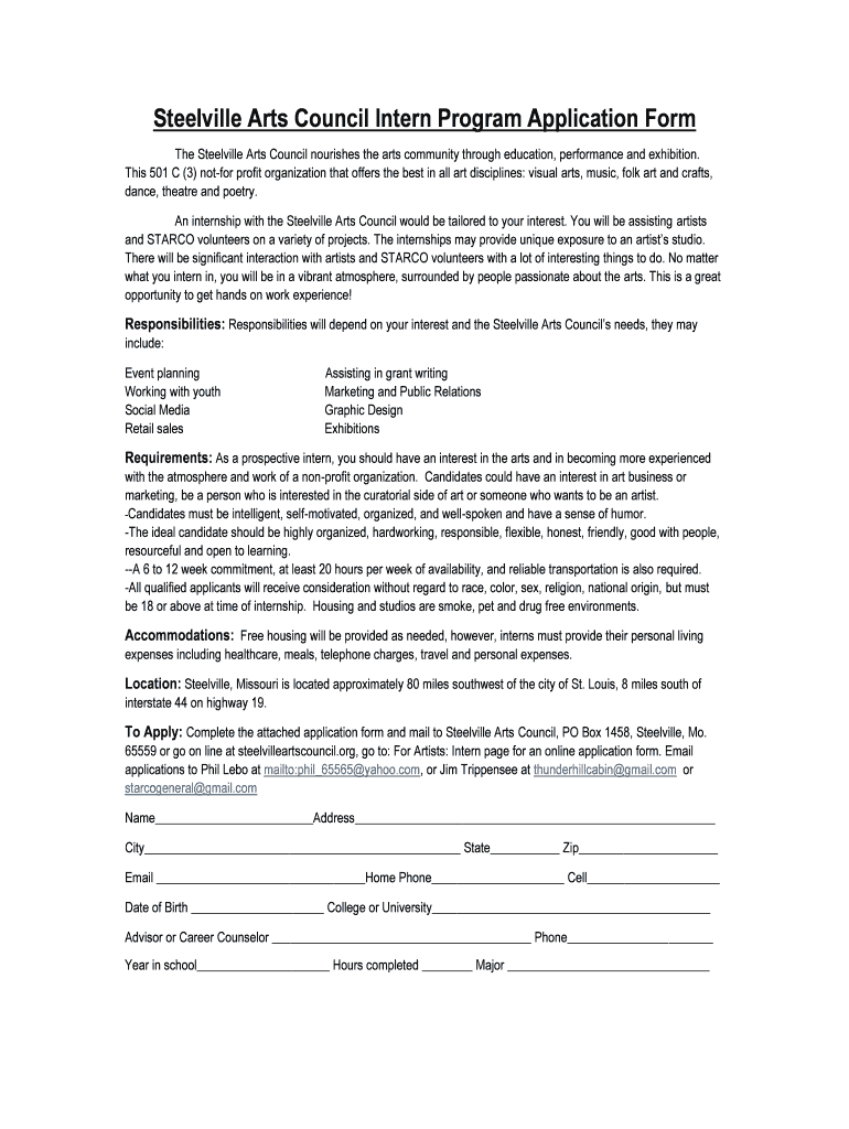 Fillable Online Steelville Arts Council Intern Program Application Form