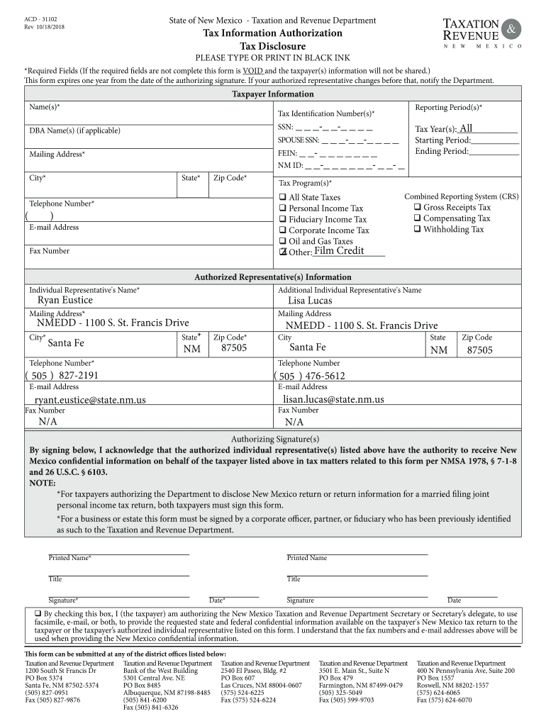 Fillable Online New Mexico Form ACD31102 (Tax Information
