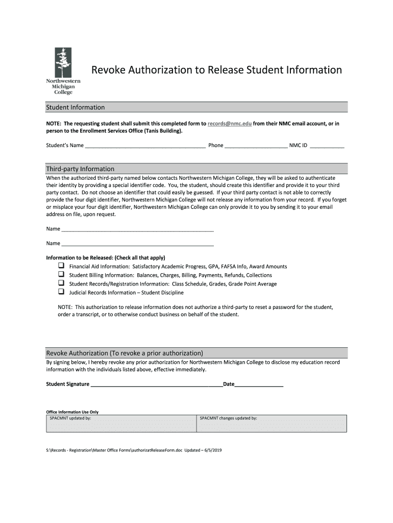 Fillable Online Revoke Authorization to Release Student Information