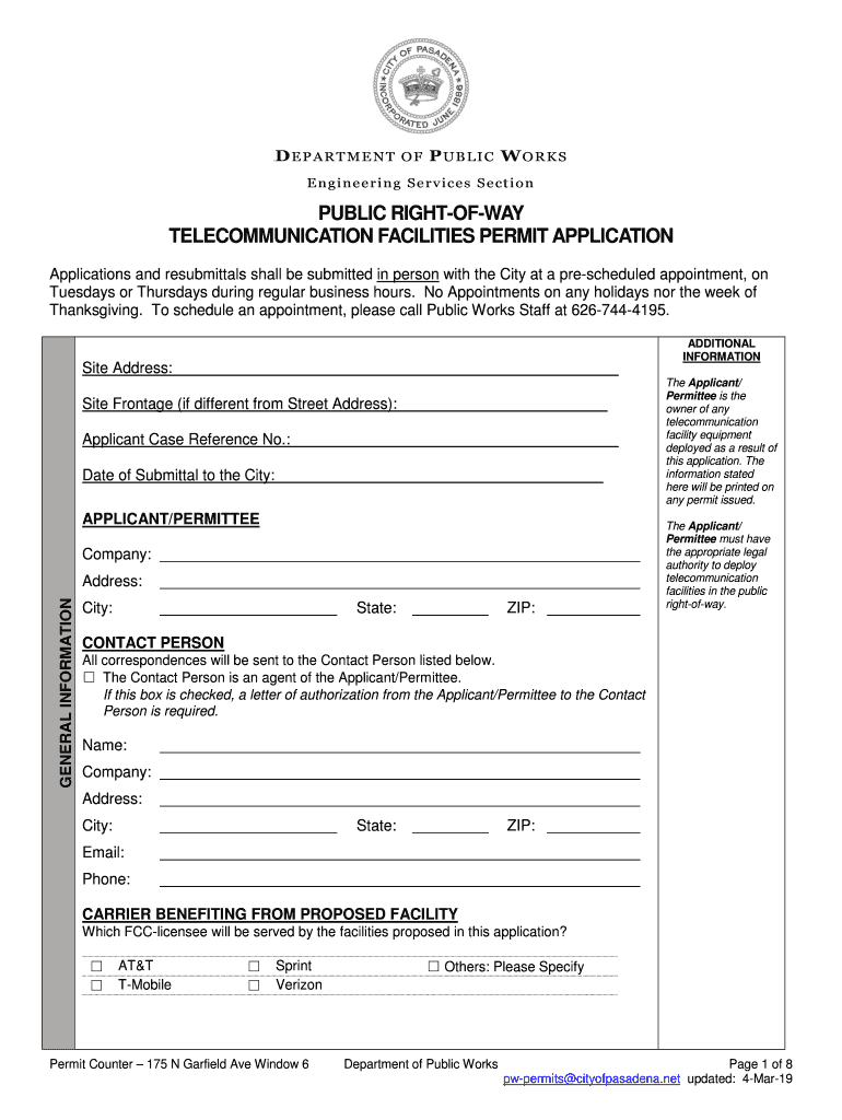 Pasadena -Telecommunications Facilities (PROW) Permit Application Preview on Page 1