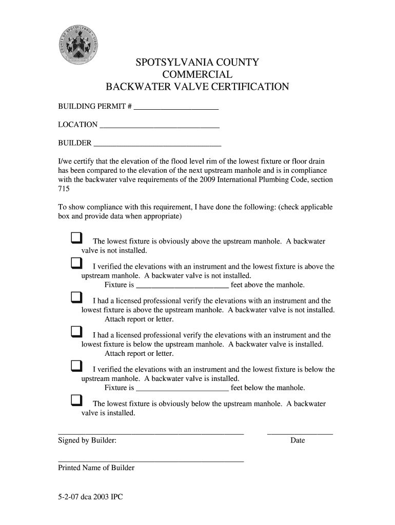 Commercial Backwater Valve Cert - spotsylvania.va.us Preview on Page 1