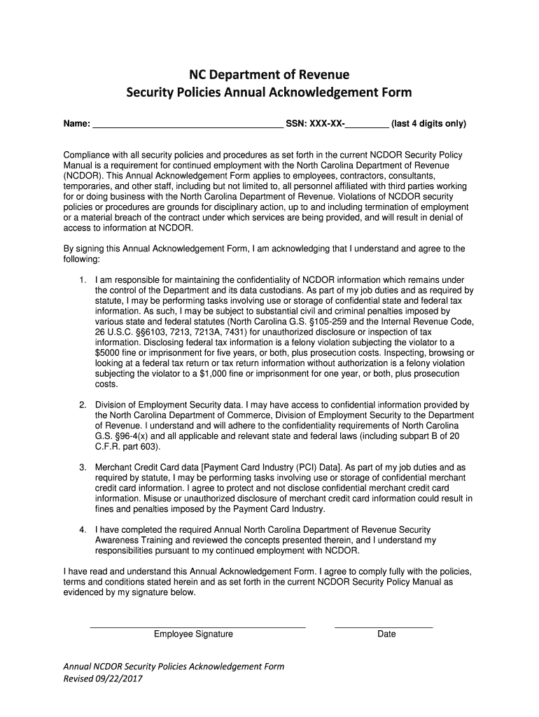 Fillable Online Security Policies Annual Acknowledgement Form Fax Email