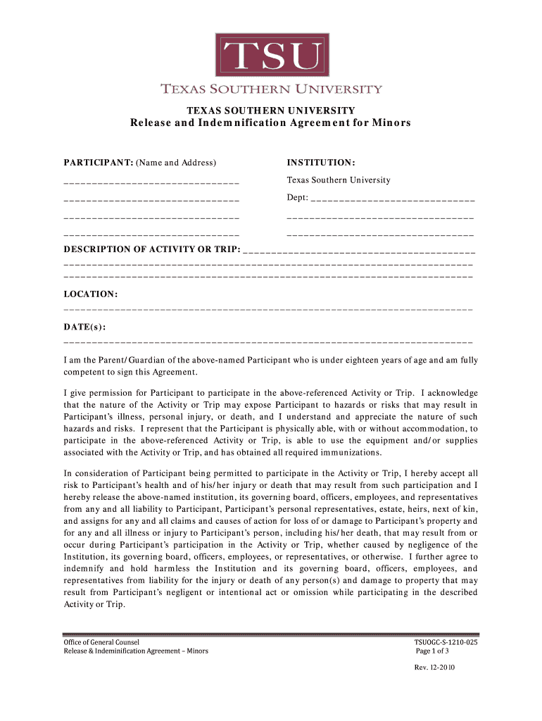 Release and Indemnification Agreement for Minors - Texas Preview on Page 1
