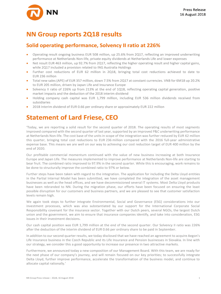 Fillable Online NN Group reports 2Q18 results Statement of Lard Friese