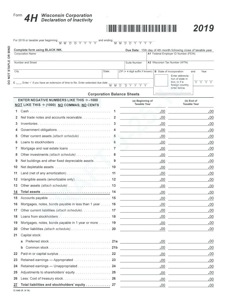 Fillable Online 2019 IC-046 Form 4H Wisconsin Corporation Declaration ...