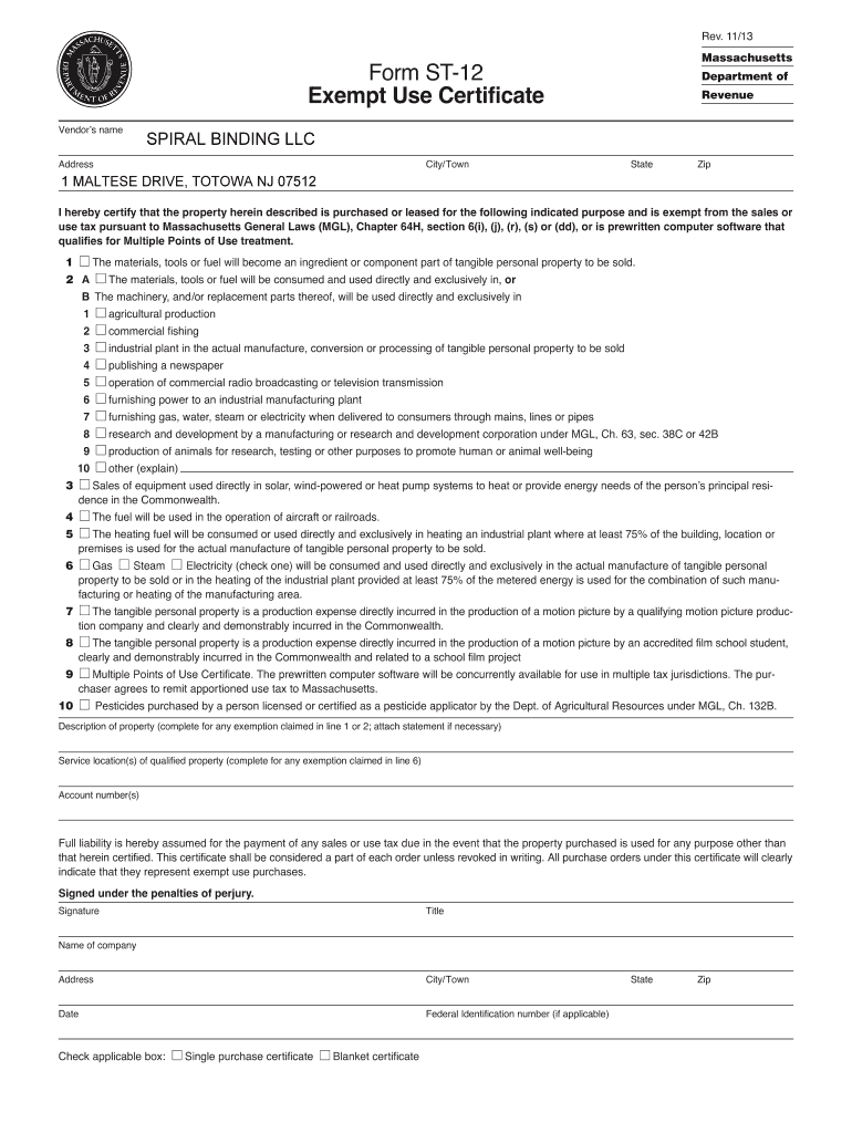 Fillable Online form st13 contractor's exempt purchase certificate Fax