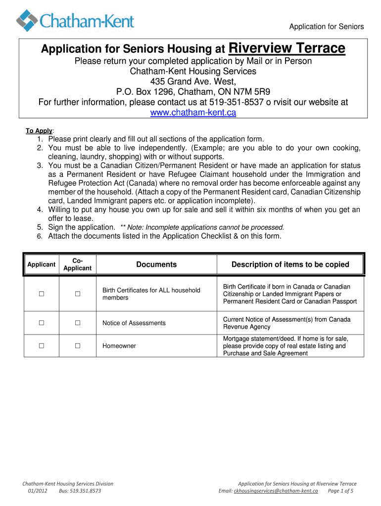 Fillable Online Application for Rent Housing Seniors