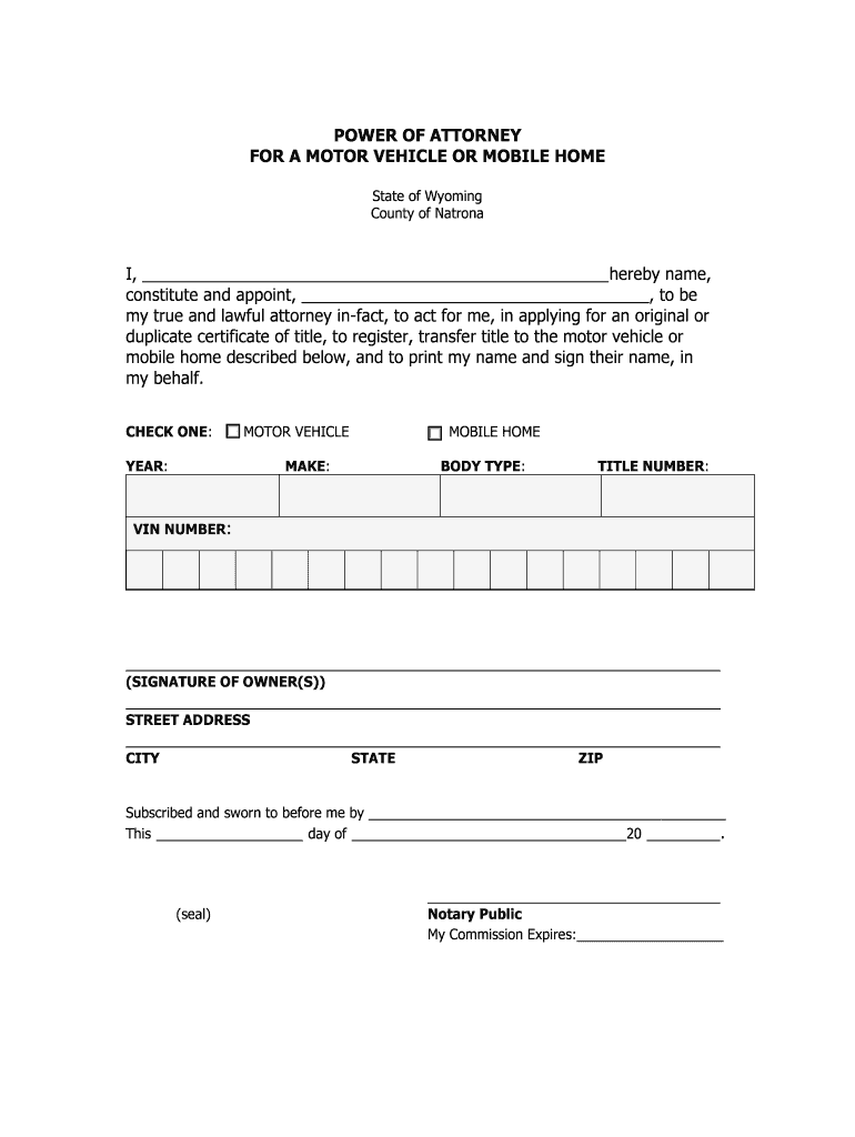 Wyoming Vehicle Power of Attorney Form - Power of Attorney Preview on Page 1