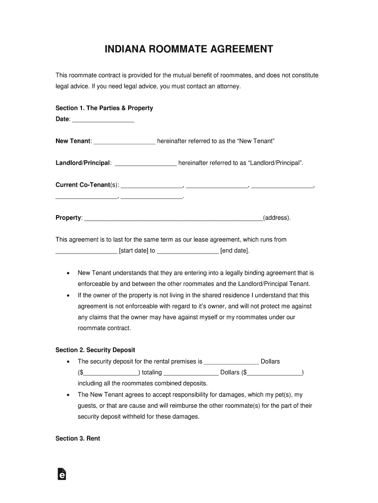 Roommate (Room-Rental) Agreement Template - eForms Preview on Page 1