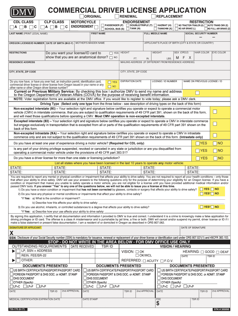 735-175 Commercial Driver License Application - Original, Renewal, Replacement Preview on Page 1