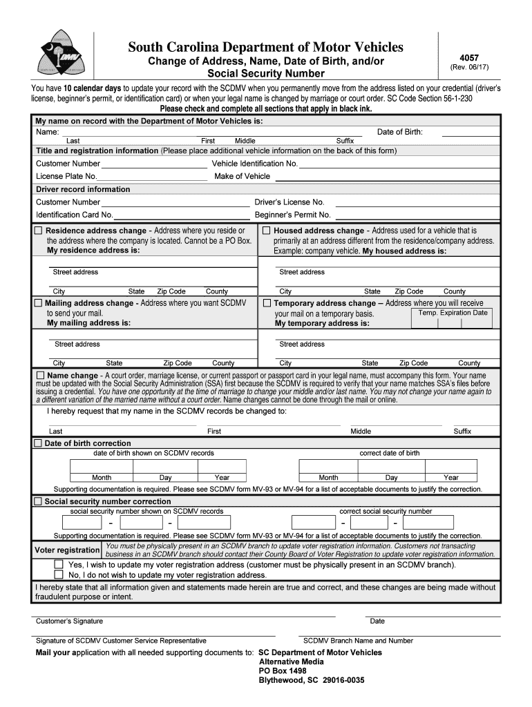 South Carolina DMV Change of Address Form 4057 Preview on Page 1