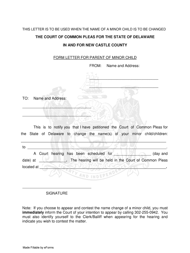 Delaware New Castle County Form Letter for Parent of Minor Child Preview on Page 1