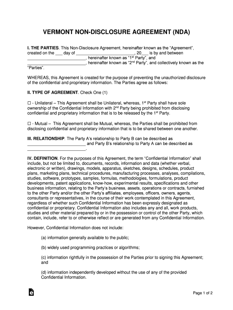 Vermont Non-Disclosure Agreement (NDA) Template Preview on Page 1
