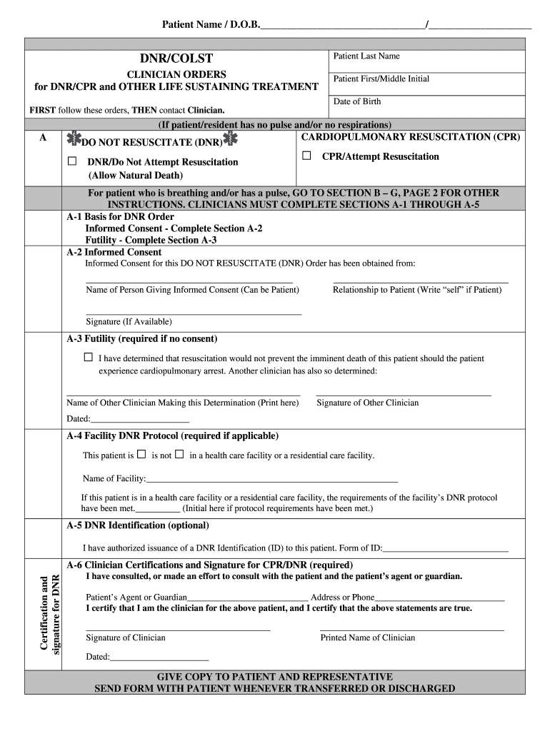 instructions for clinicians completing vermont dnr colst form Preview on Page 1