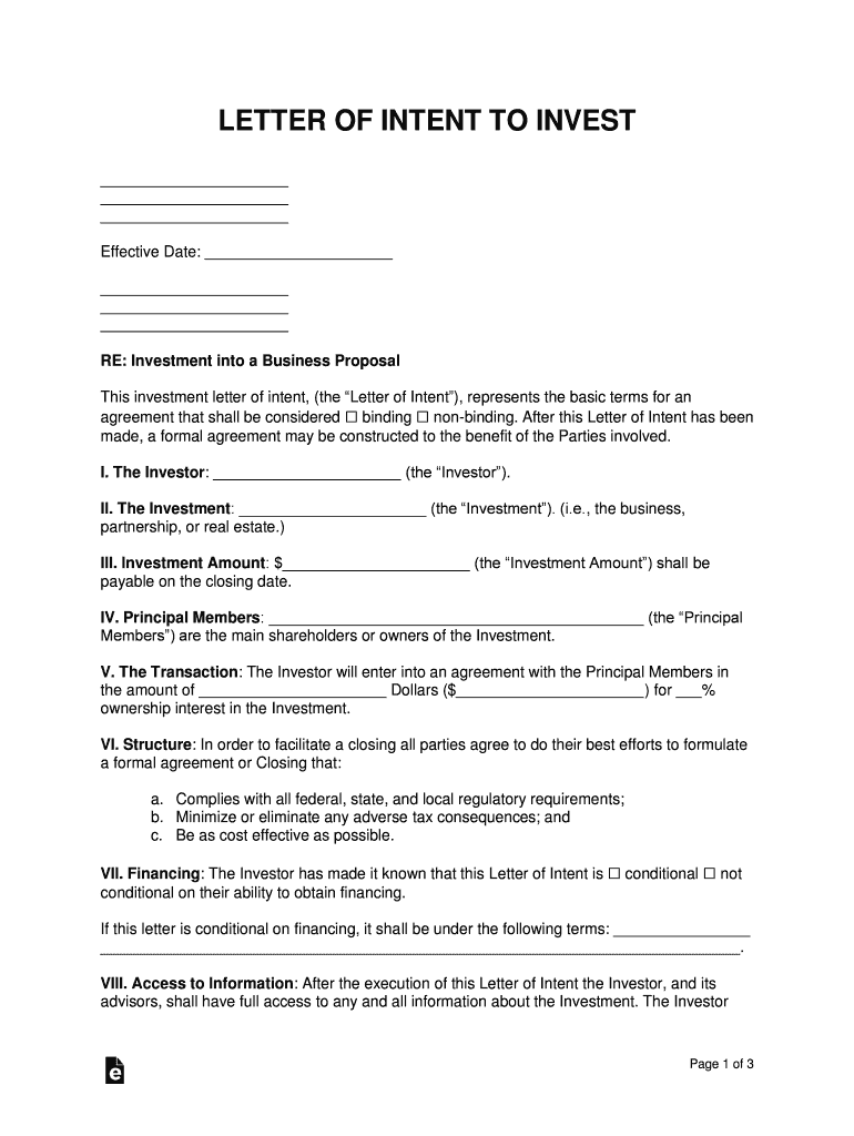 Free Business Proposal (Investment) Letter of Intent Template Preview on Page 1