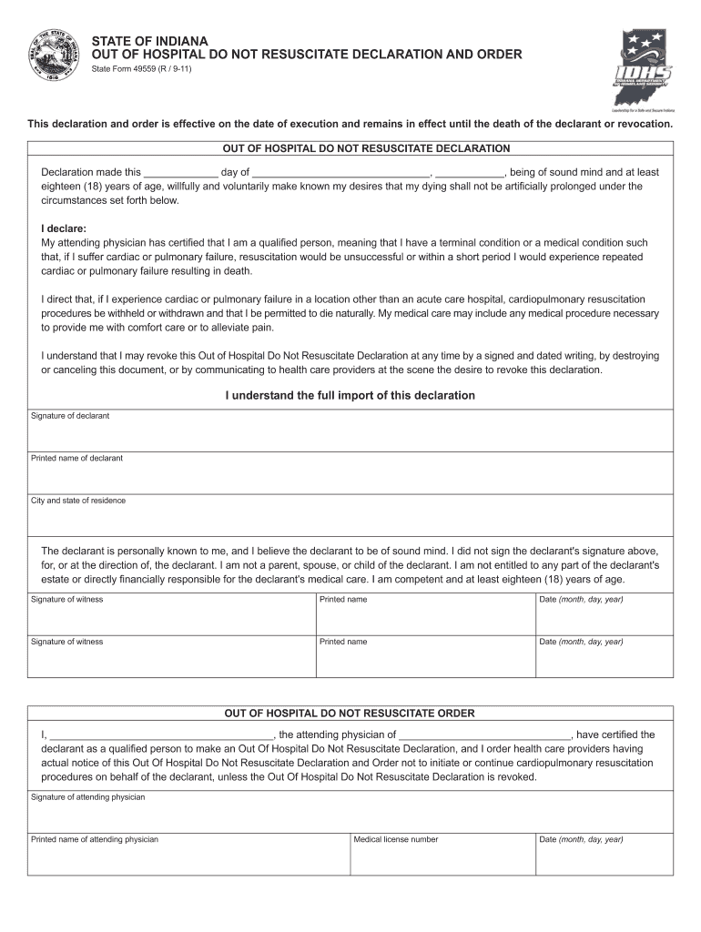 Indiana Do Not Resuscitate (DNR) Order Form - Free Indiana Preview on Page 1