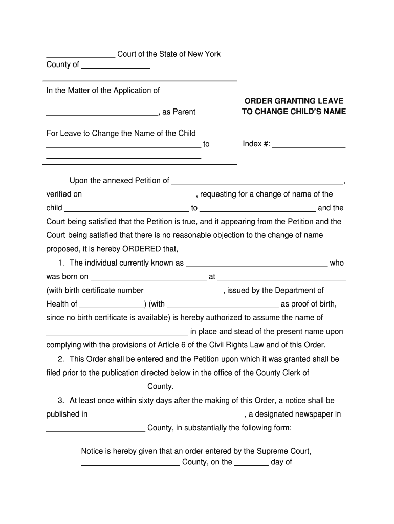 Order Granting Leave to Change Child's Name - New York Preview on Page 1